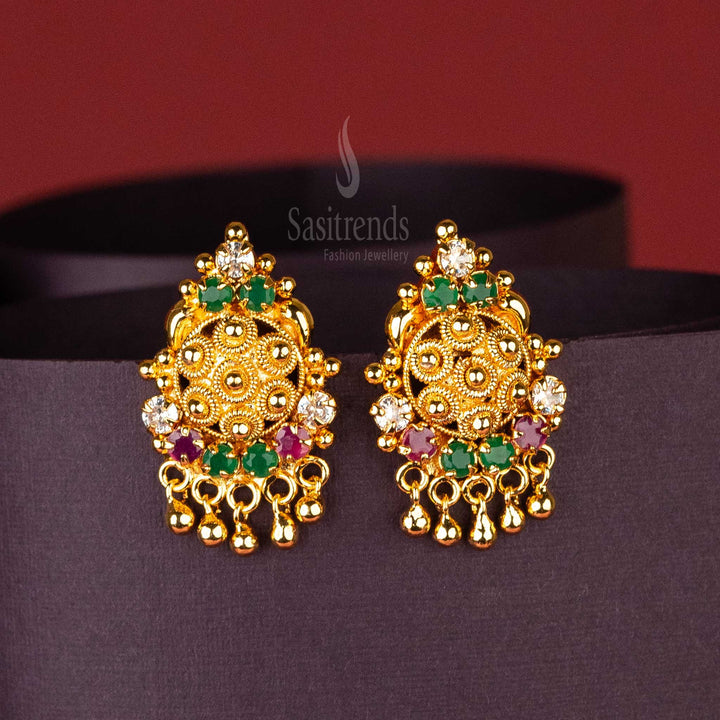 Multi-color floral stud earrings with AD stones, guaranteed gold plated