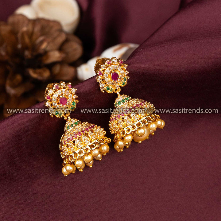 Temple Micro Gold Plated Floral Designer AD Stone Earrings 