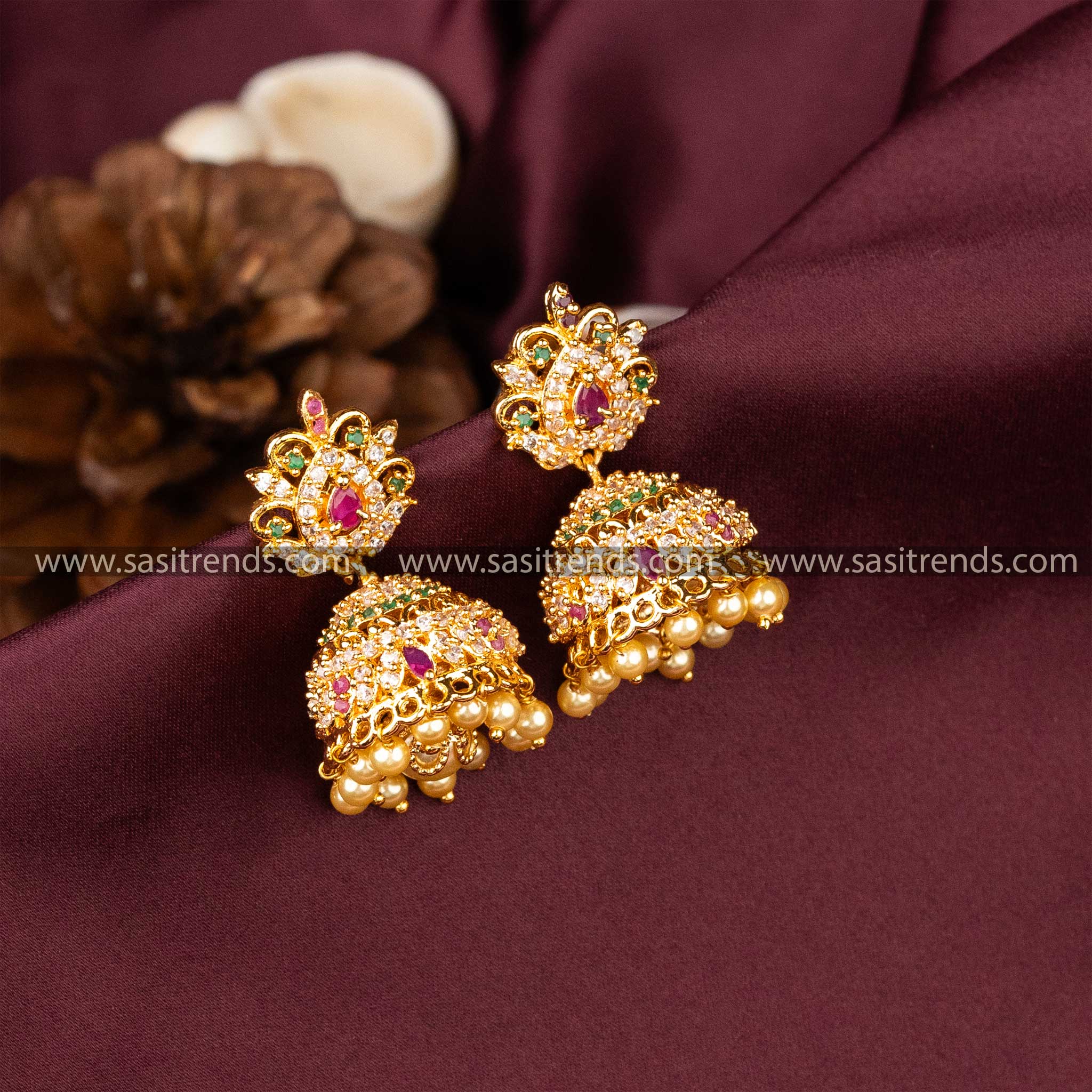 Attractive Micro Gold Plated Floral Designer AD Stone Earrings 