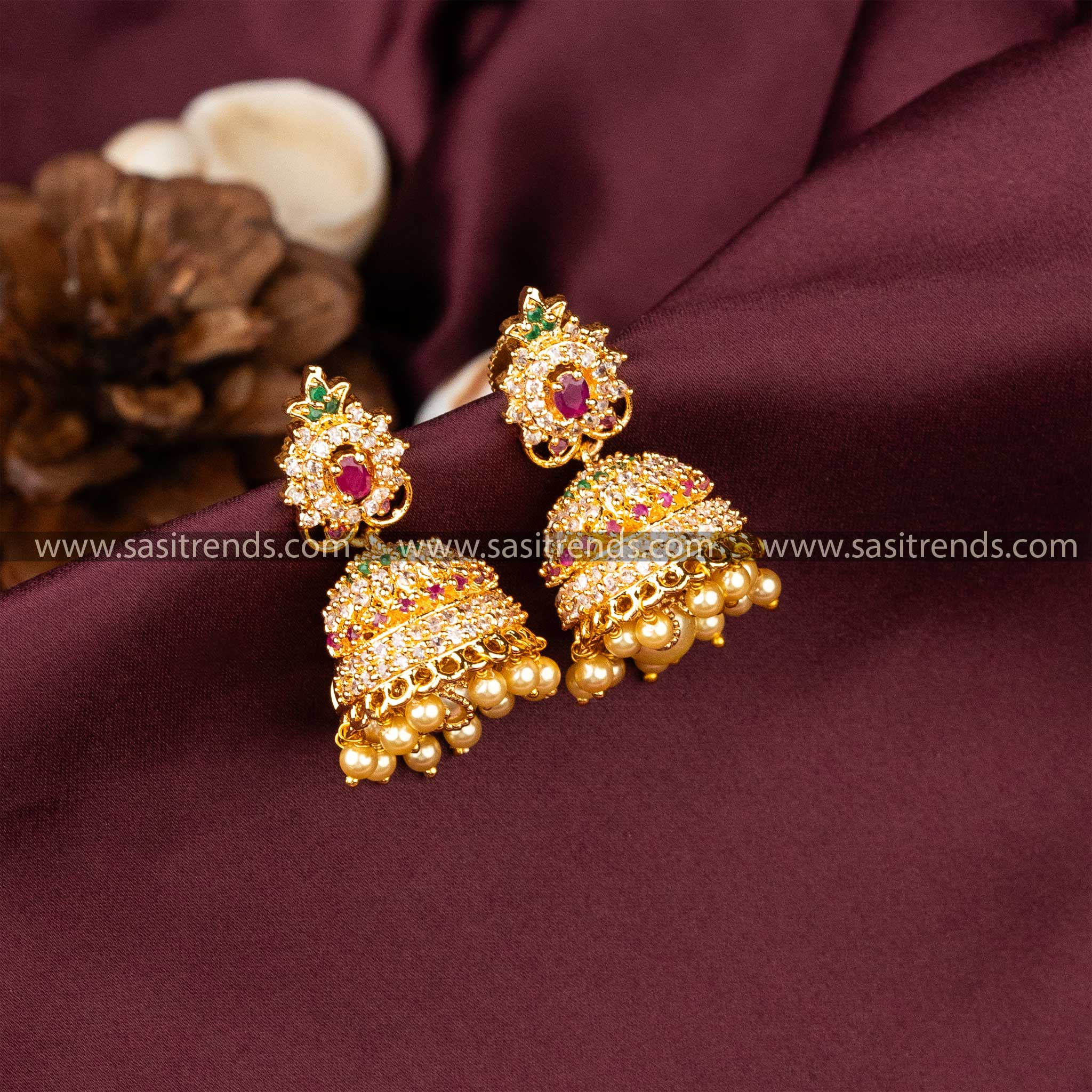 One Gram Traditional Micro Gold Plated Floral Designer AD Stone Earrings 