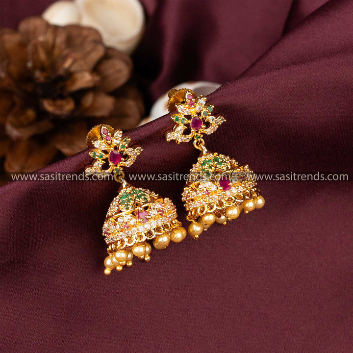 Beautiful Elegance Micro Gold Plated Floral Designer AD Stone Earrings 