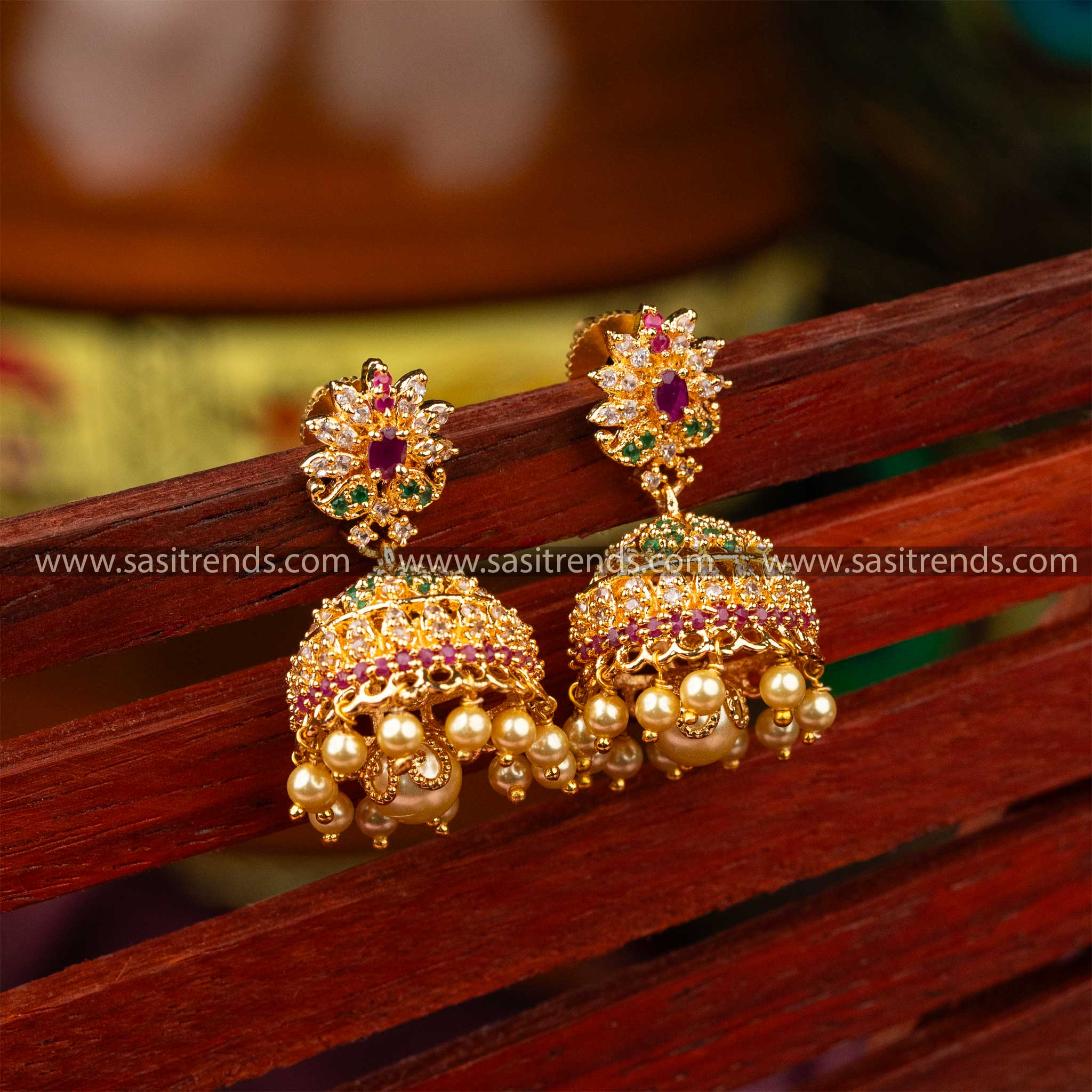 One Gram Elegant Micro Gold Plated Floral Designer AD Stone Studded Big Pearl Jhumka Earrings