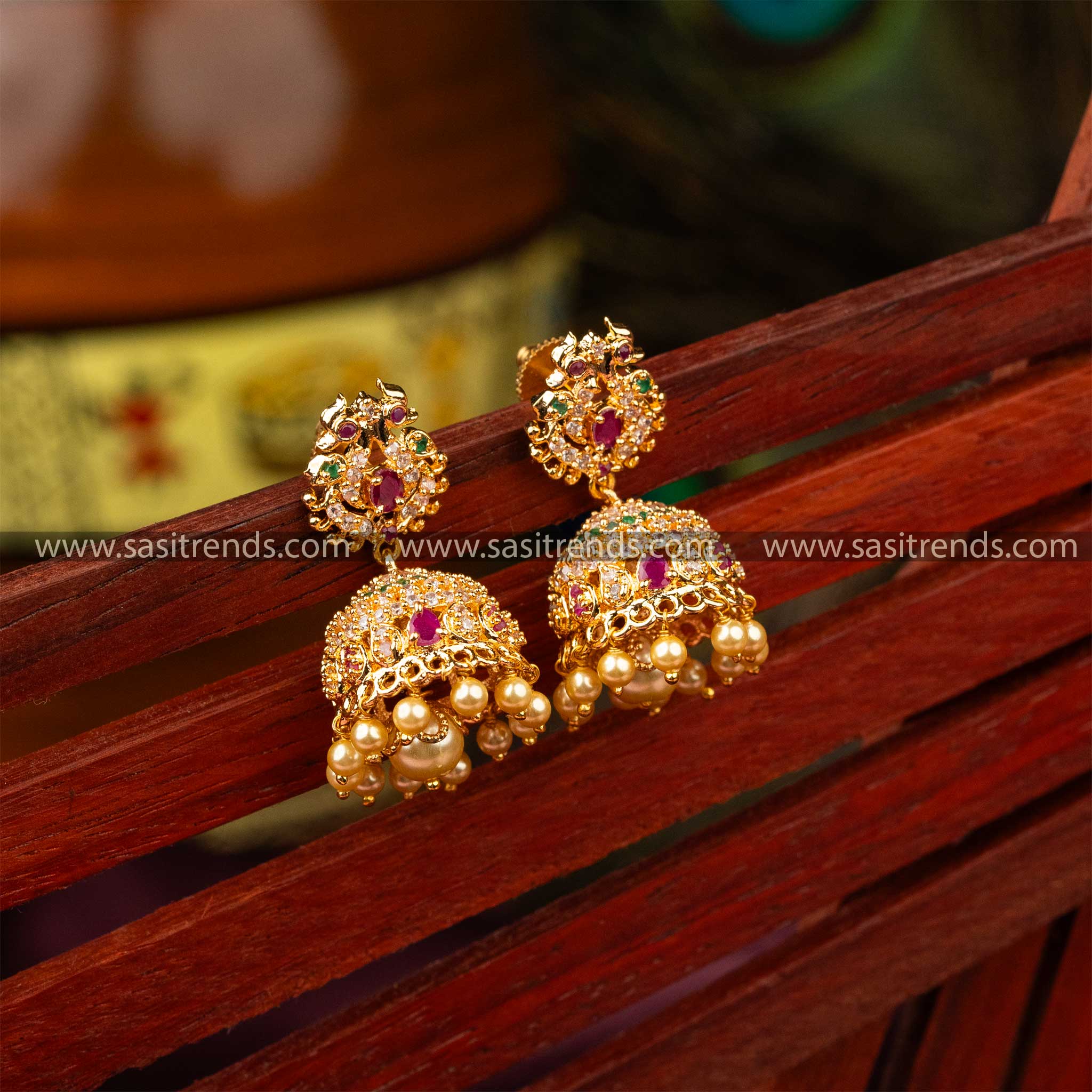 One Gram Timeless Micro Gold Plated Peacock Pearl AD Stone Studded Jhumka Earrings