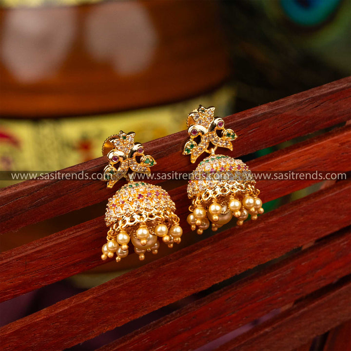 Traditional Micro Gold Plated AD Stone Studded Peacock Designer Pearl Jhumka Earrings