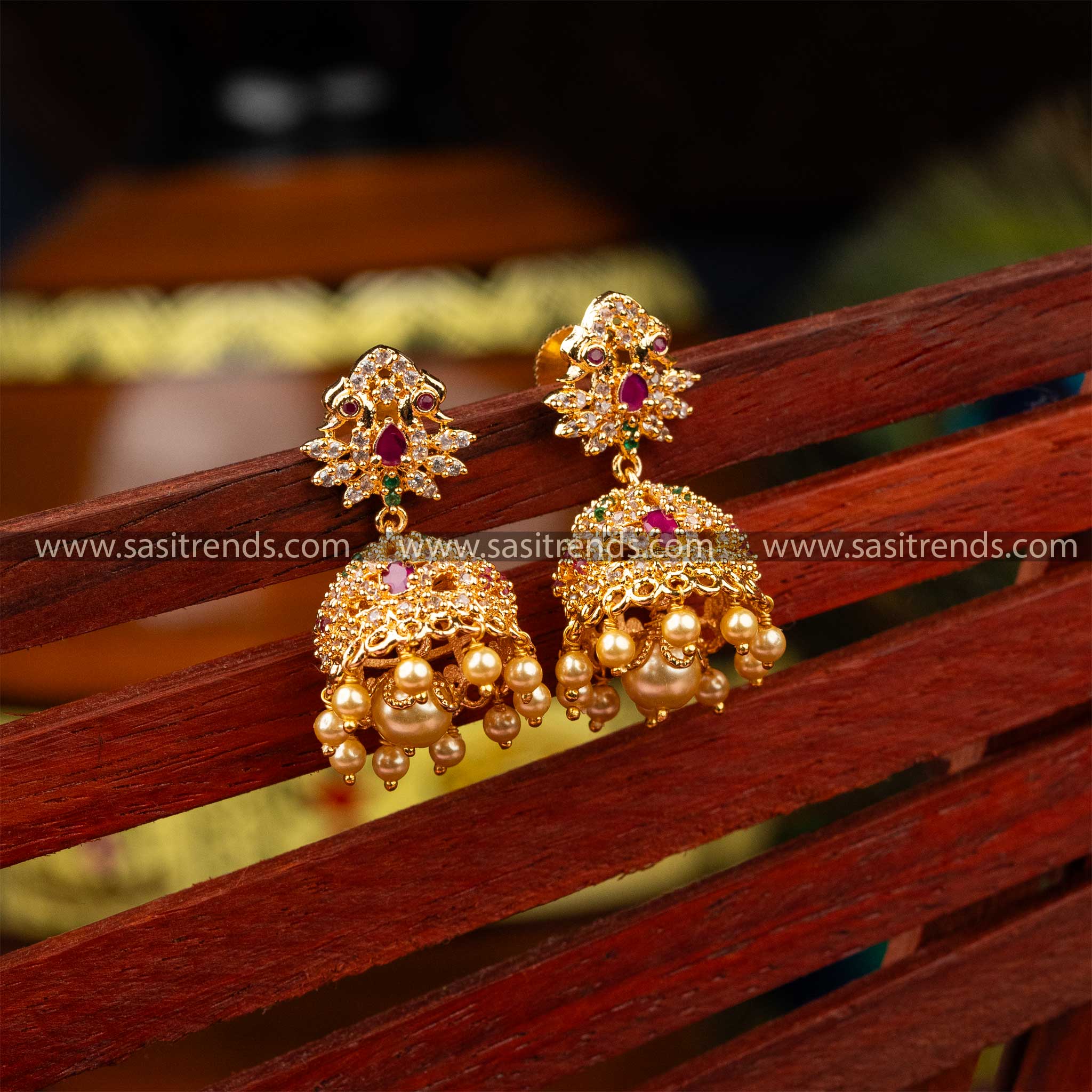 One Gram Temple Wear Micro Gold Plated One Big Pearl And Peacock Designer AD Stone Studded Jhumka Earrings