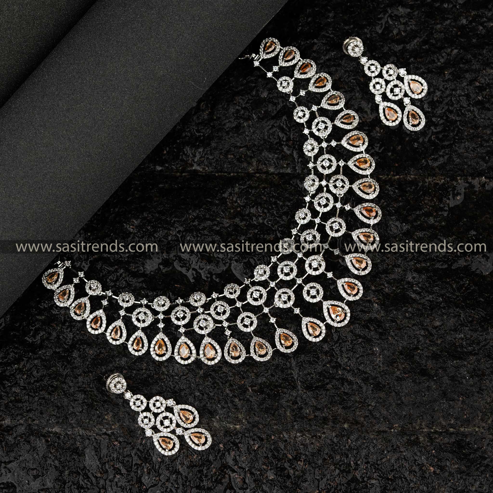 Glossy Yellow engagement choker set adorned with American diamond stones, rhodium silver-plated for bridal jewellery