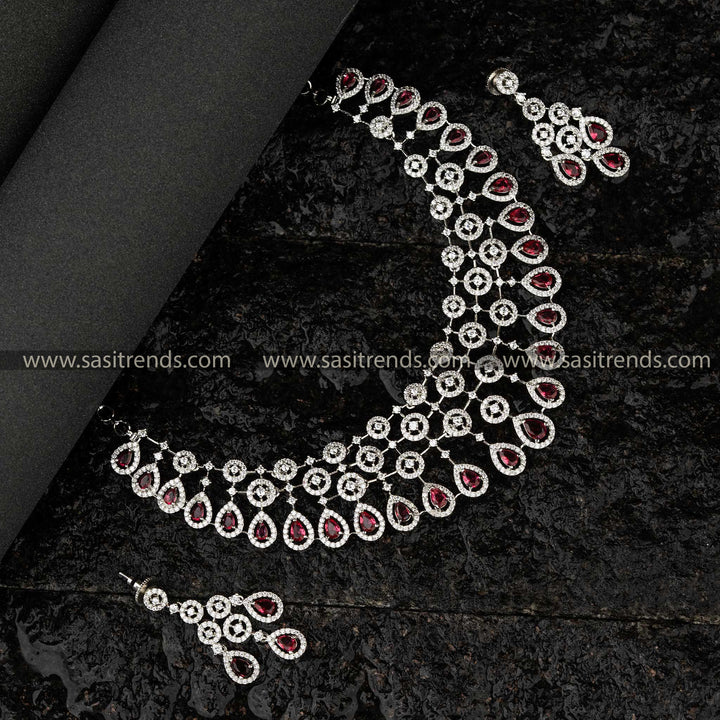 Glossy Red bridal choker set with American diamond stones, rhodium silver-plated for weddings and engagements