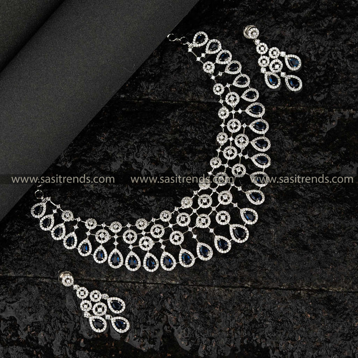 Glossy Blue wedding choker set featuring American diamond stones, rhodium silver-plated for bridal wear