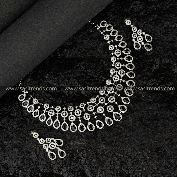 Black bridal jewellery choker set with American diamond stones, rhodium silver-plated for weddings and engagements