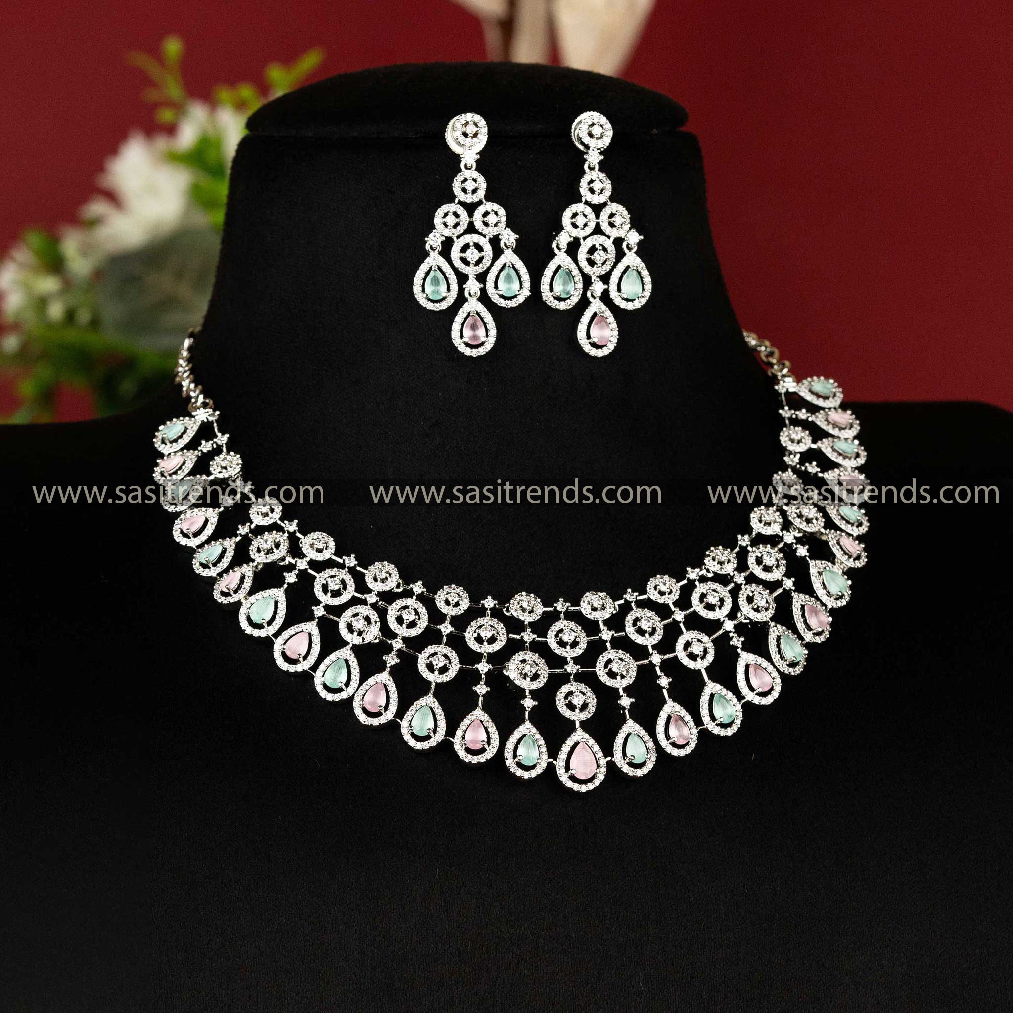 Stunning Rhodium Silver Plated Choker Jewellery Set with American Diamond Stones | Sasitrends - Sasitrends