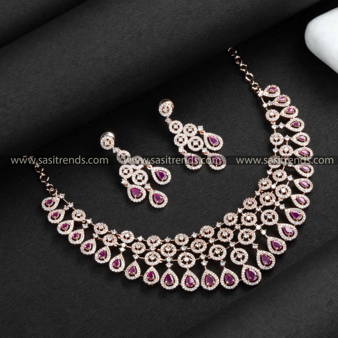 Stylish Rose Gold Plated Necklace Set with American Diamond Stones