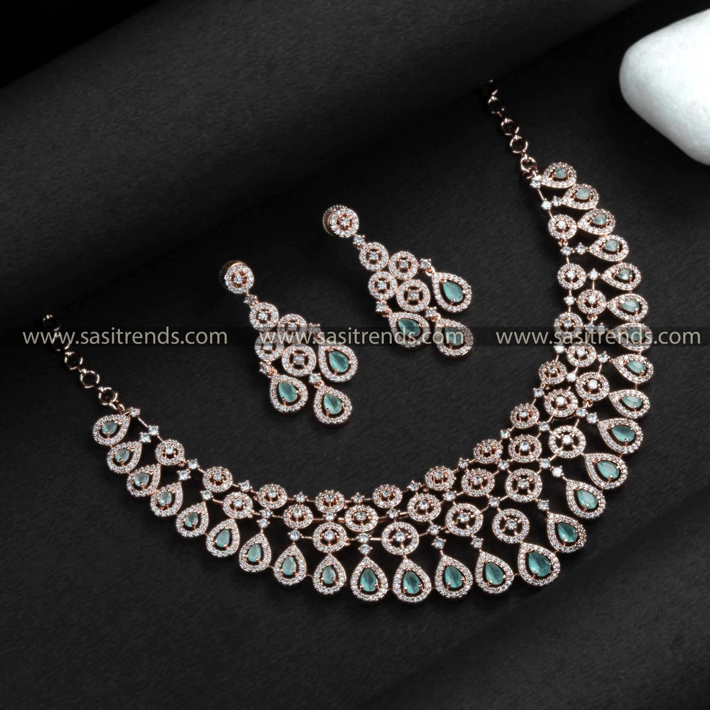 Stunning Rose Gold Plated Choker Necklace Set with American Diamond Stones