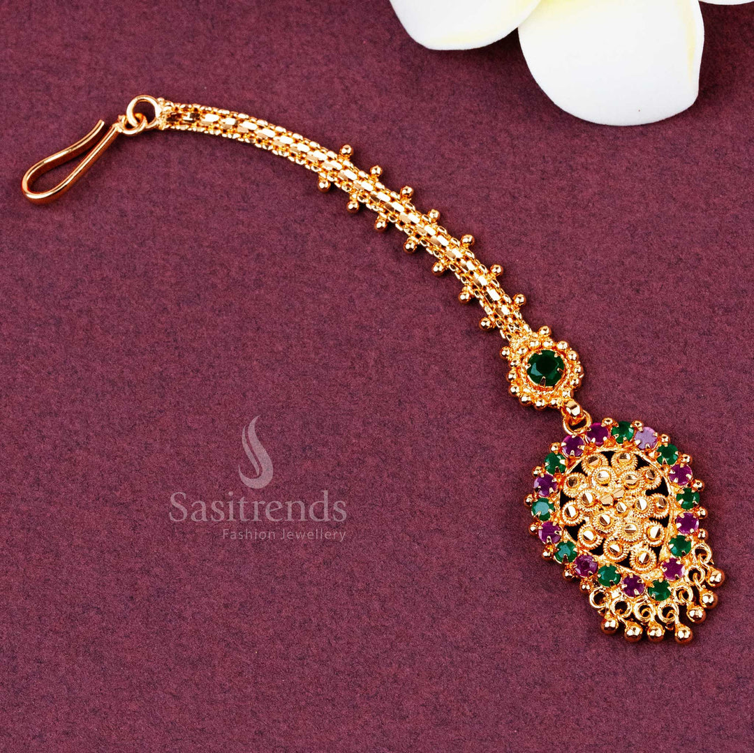 Traditional Gold Plated AD Stone Maang Tikka - Ruby-Green Colour Floral Design - Sasitrends