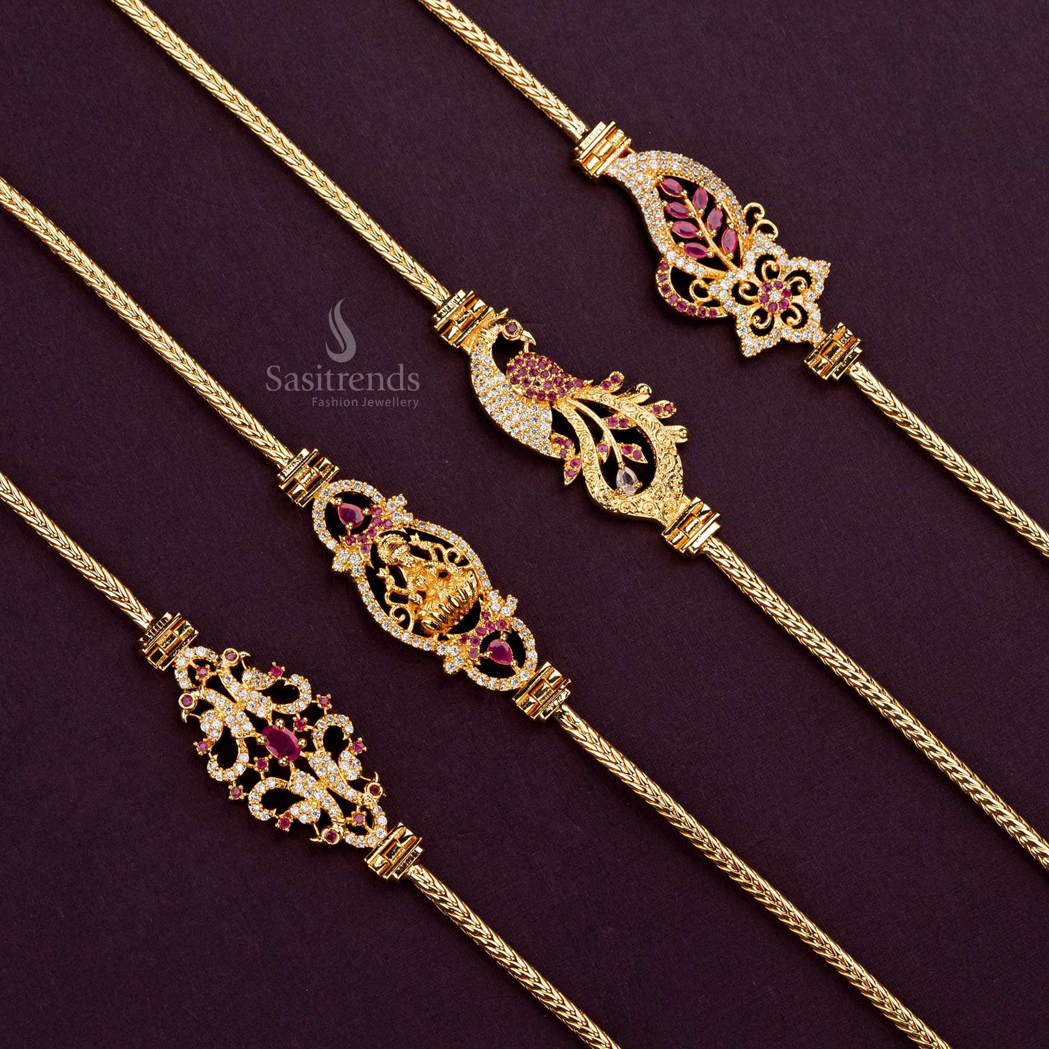 One-gram gold-plated AD-studded mugappu chain, 24 inches - Sasitrends