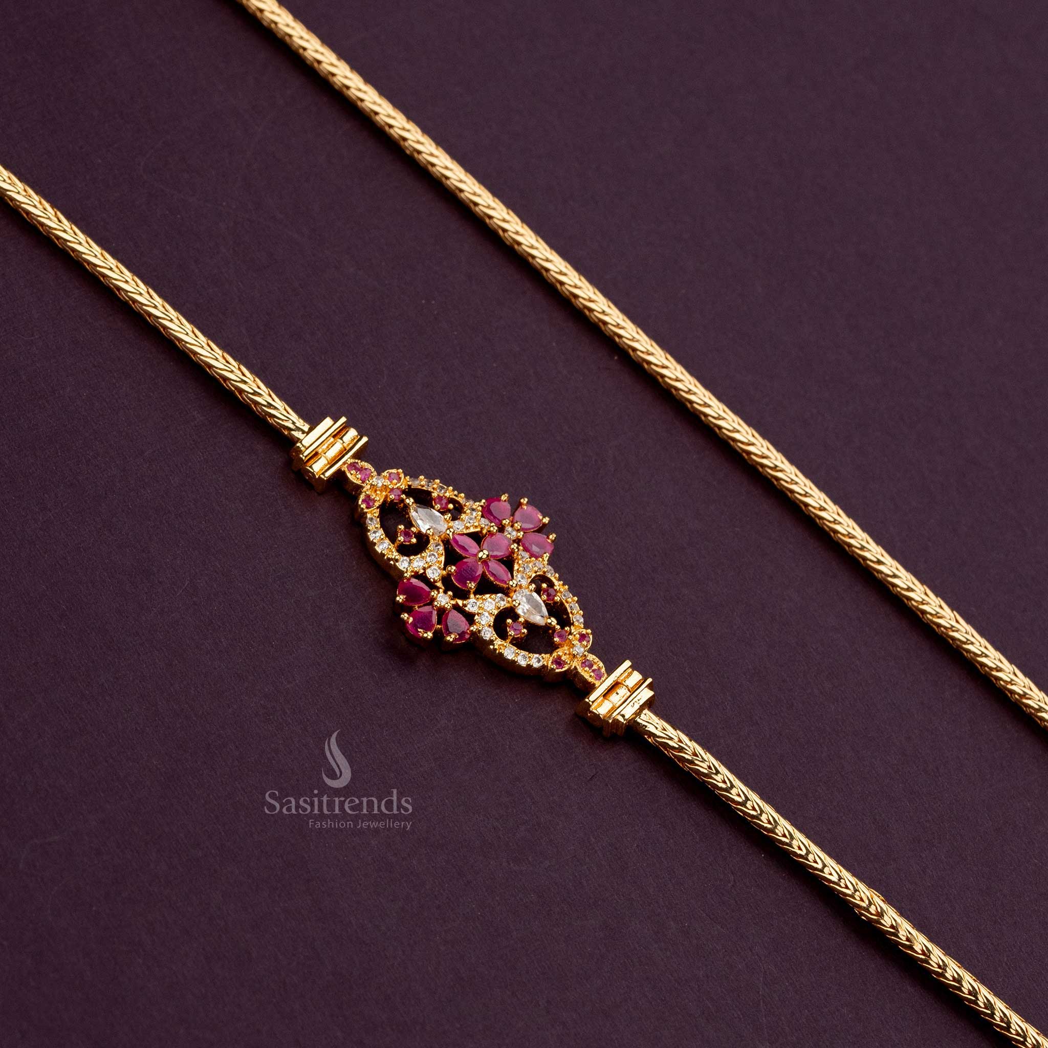 One-gram white-ruby ball mugappu chain, guaranteed gold finish, ideal for pairing with silk sarees - Sasitrends