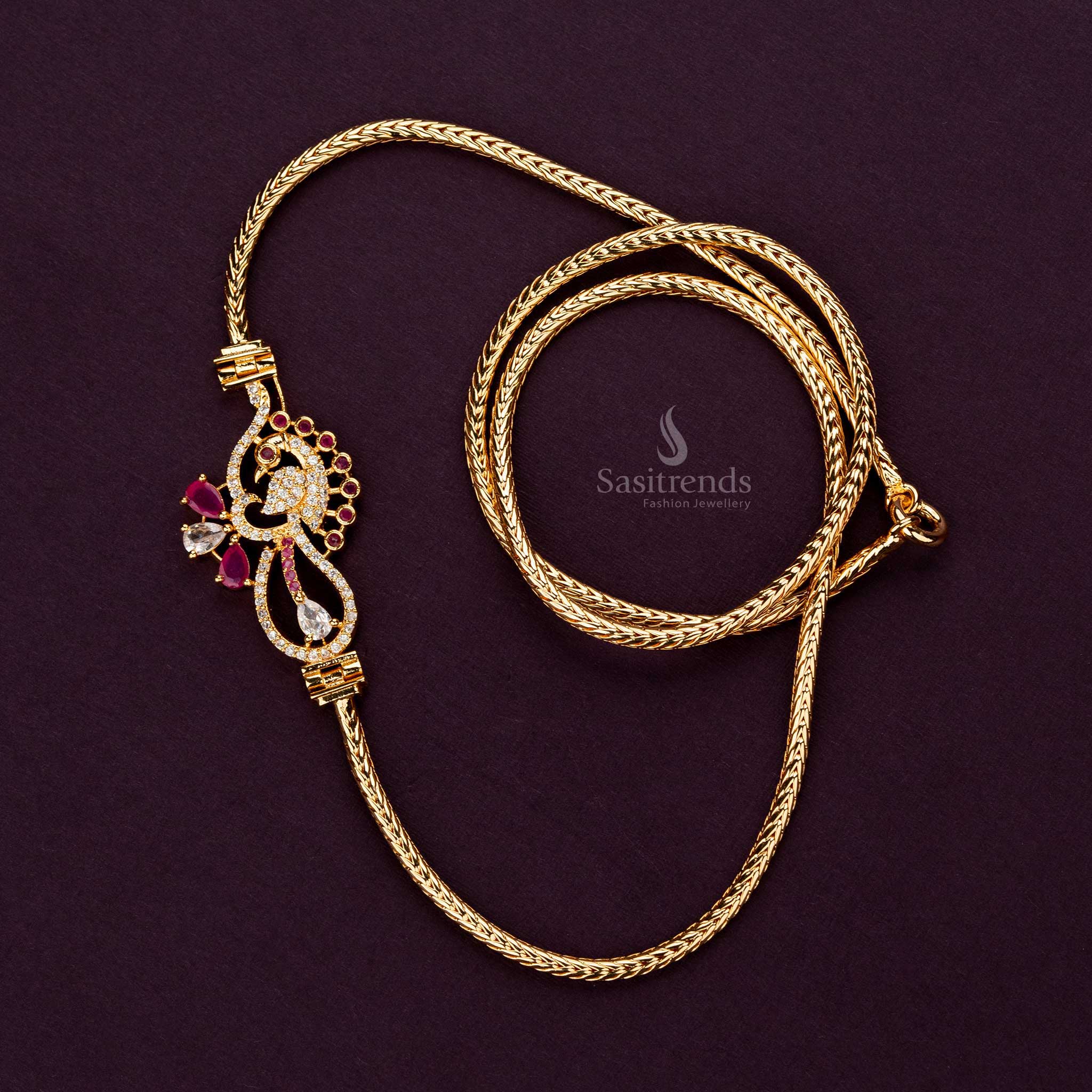 One gram ruby and white ball mugappu chain, guaranteed gold plating, perfect for silk sarees - Sasitrends