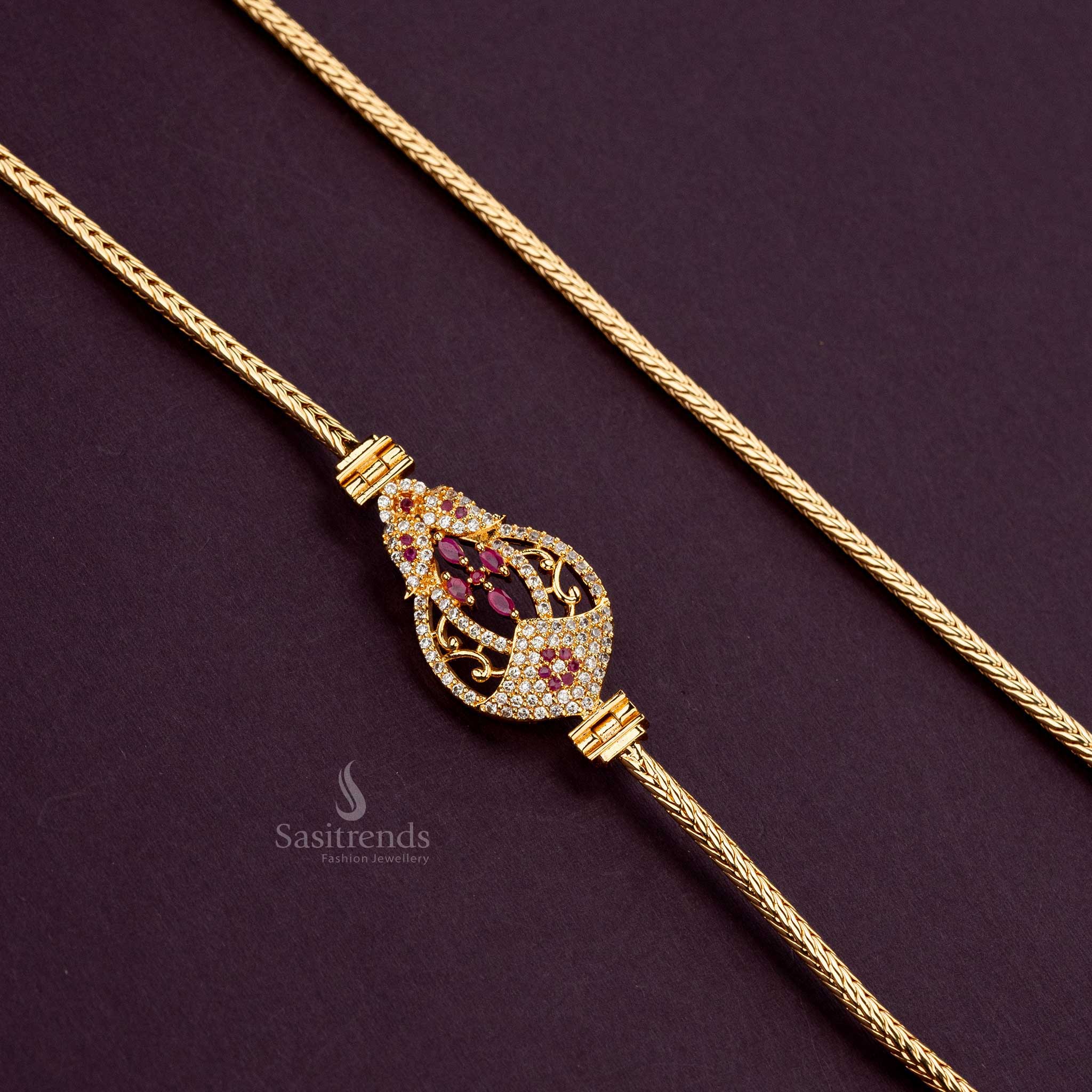 White ruby-colored AD-studded mugappu chain, guaranteed one-gram gold - Sasitrends