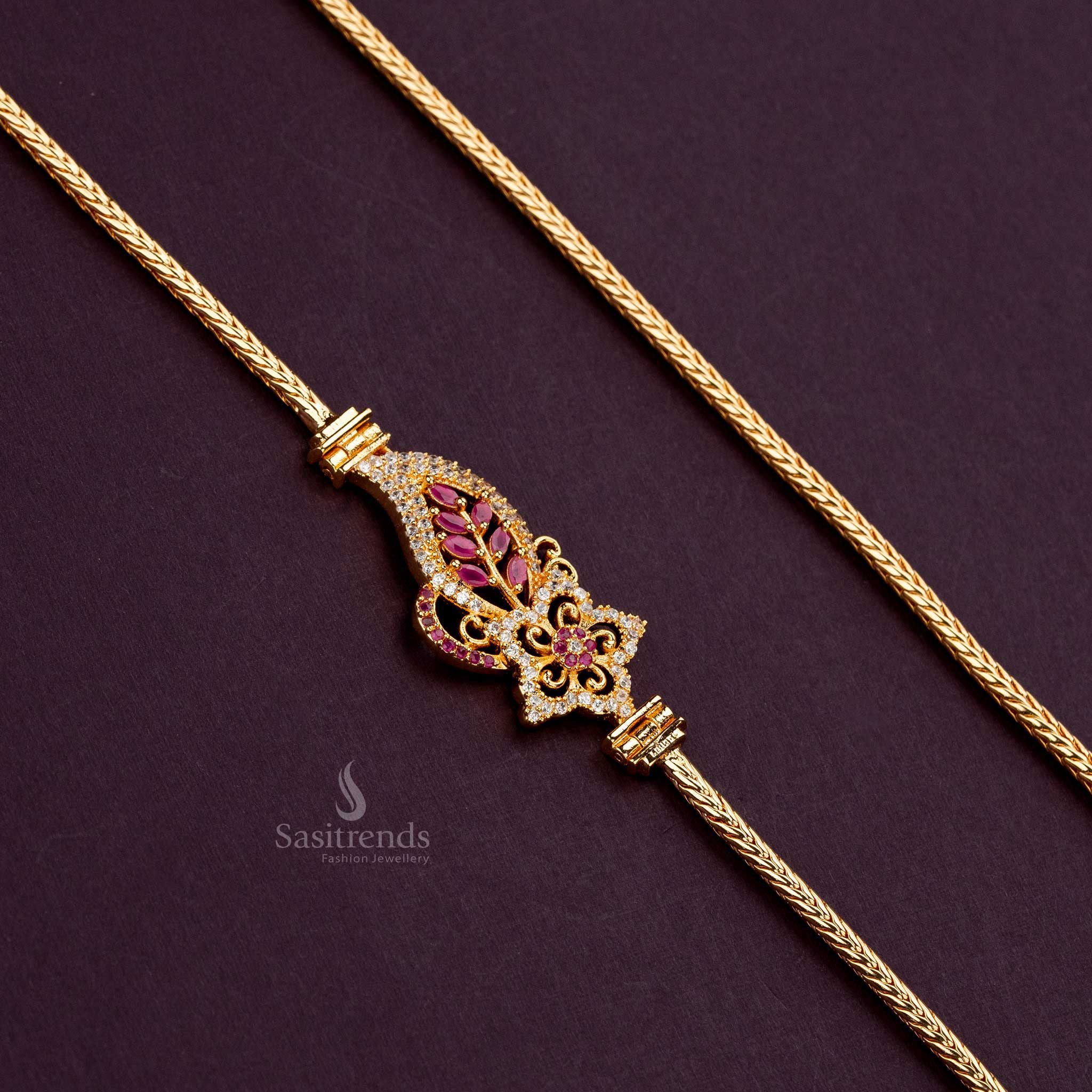 Guaranteed gold-plated White Ruby AD stone mugappu chain for sarees, 24 inches - Sasitrends