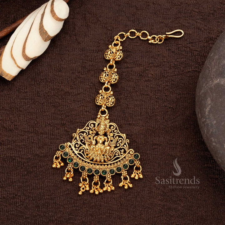 Amazing Traditional Classic Matte Gold Plated Lakshmi Motif Maang Tikka with Hanging Balls - Sasitrends