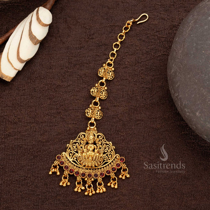 Classic Matte Gold Plated Lakshmi Maang Tikka with Ruby Stones - Sasitrends