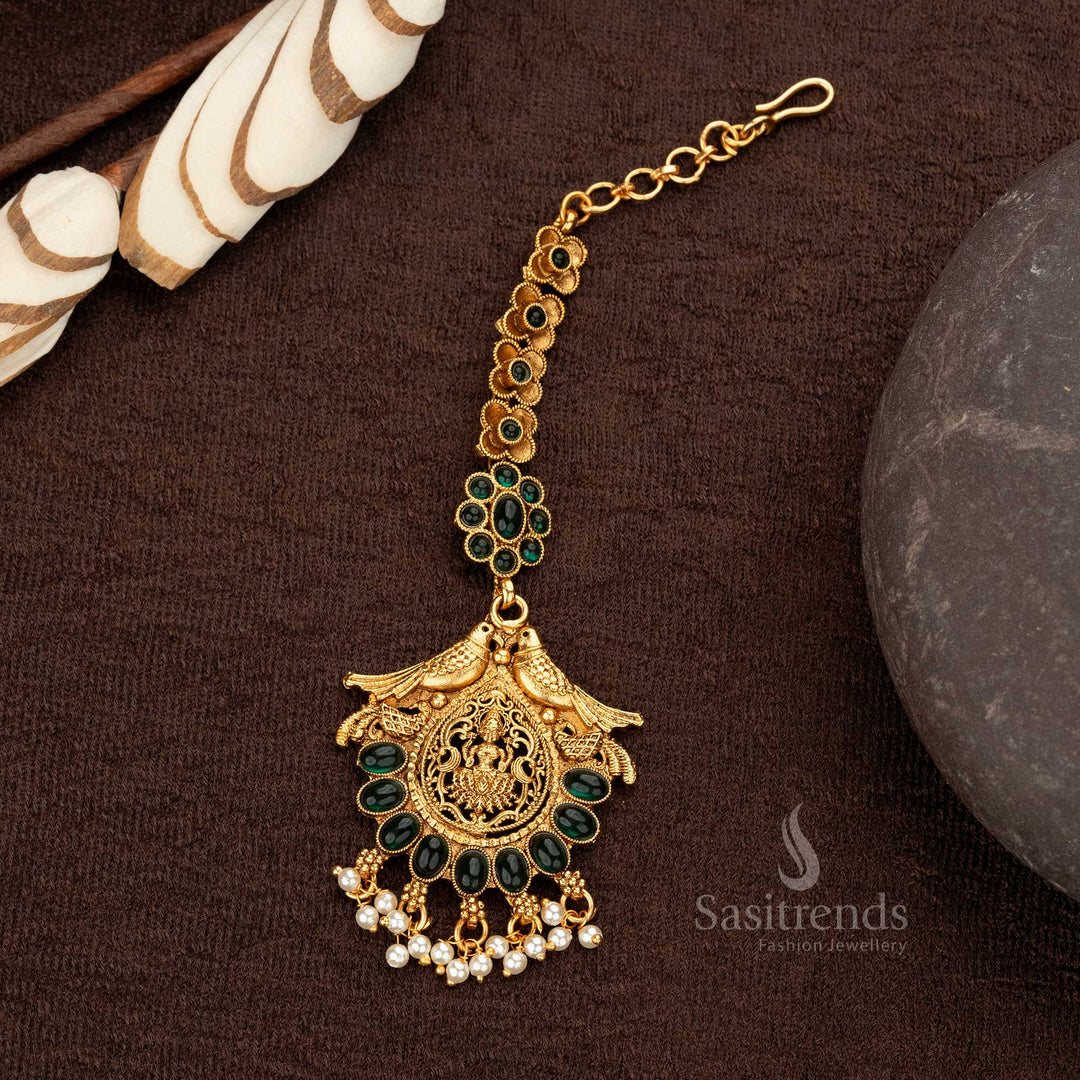 Green Bird Design Temple Maang Tikka with Floral Chain and Pearl Drops - Sasitrends