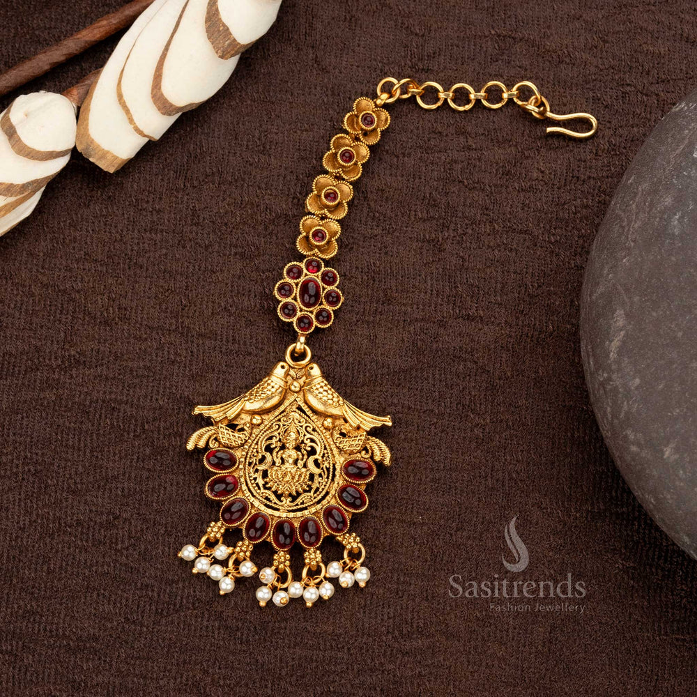 Ruby Double Bird Motif Maang Tikka with Pearl Hangings and Lakshmi Pendant - Sasitrends