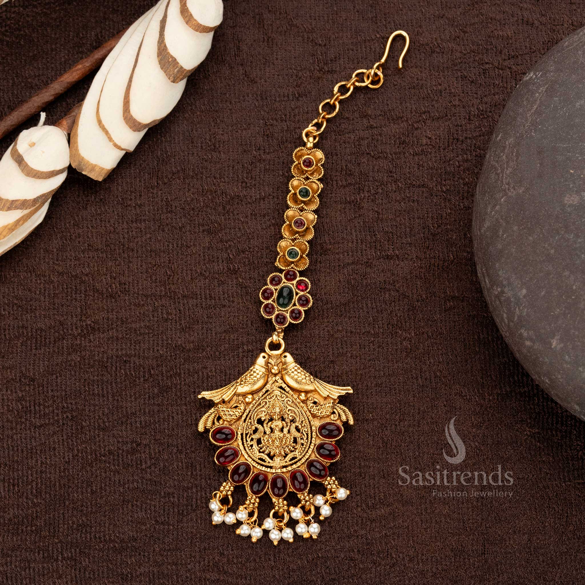 Ruby-Green Temple Maang Tikka with Synthetic Stones and Bird Motif - Sasitrends