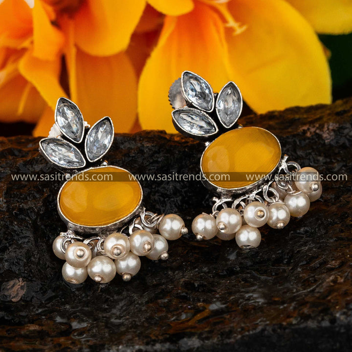 Trendy Oxidised Oval Monalisa And Ad Stone Stud Pearl Earrings Sasitrends Online Shopping