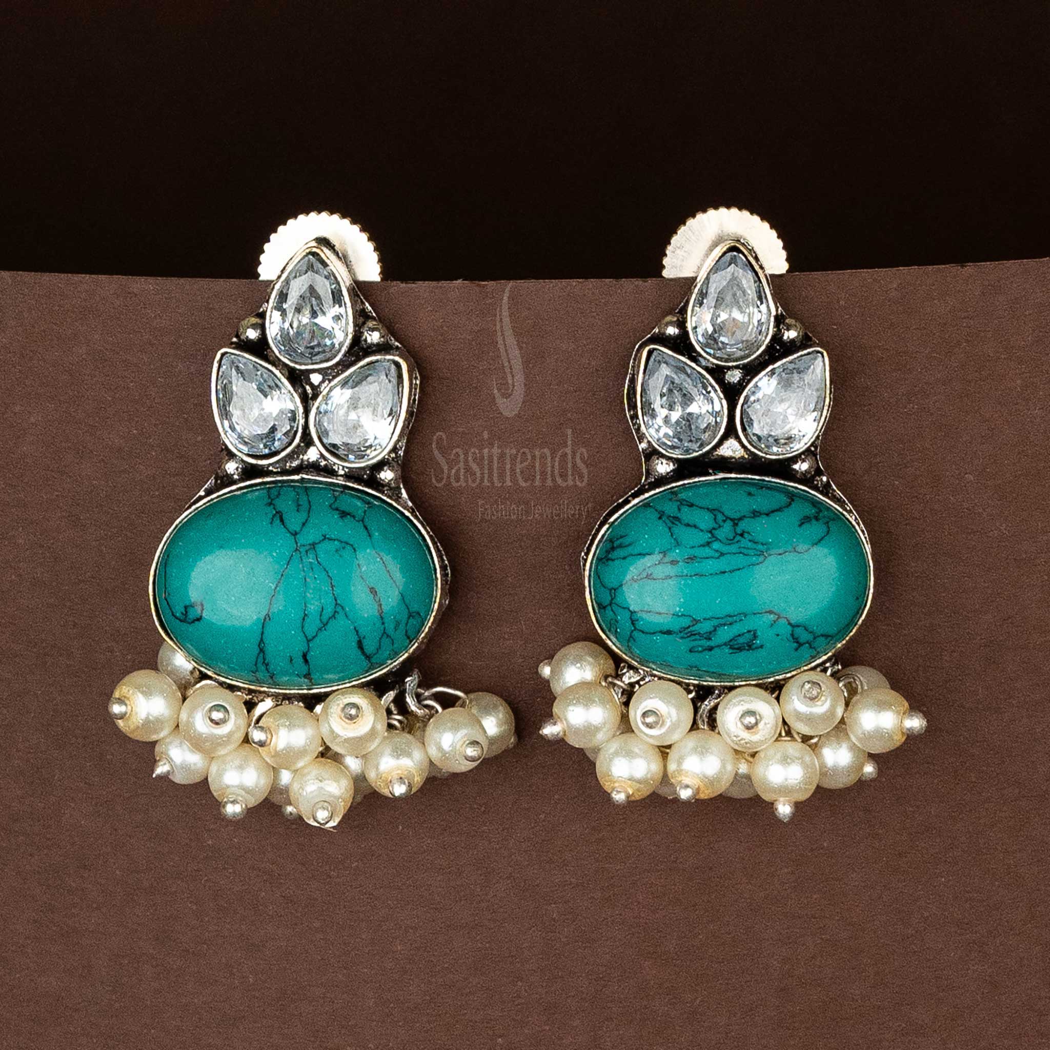 Elegant Oxidised Turquoise Oval Monalisa Stone AD Stones Stud Pearl Earrings Sasitrends Online