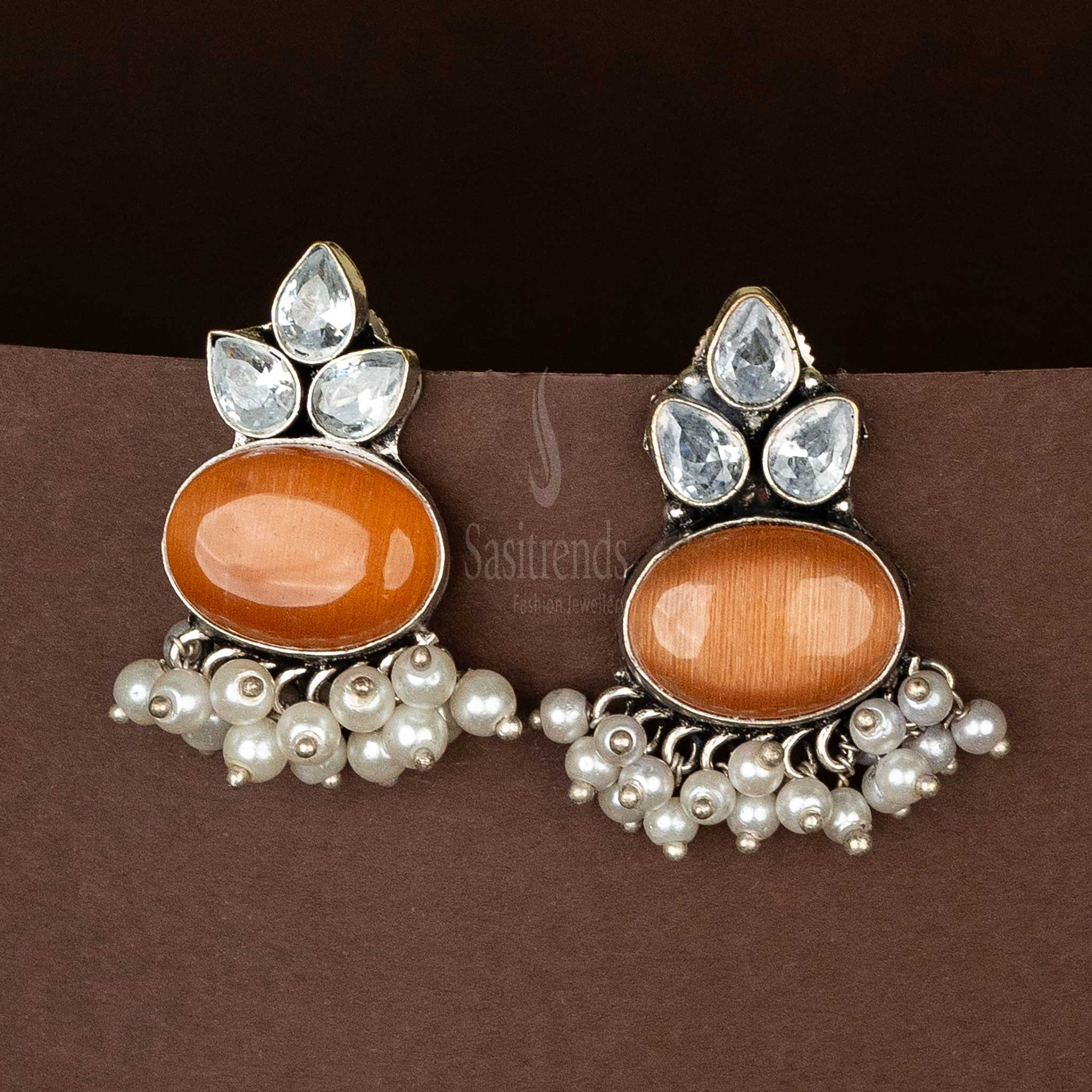 Latest Oxidised Dark Peach Oval Monalisa Stone AD Stones Stud Pearl Earrings Sasitrends Online