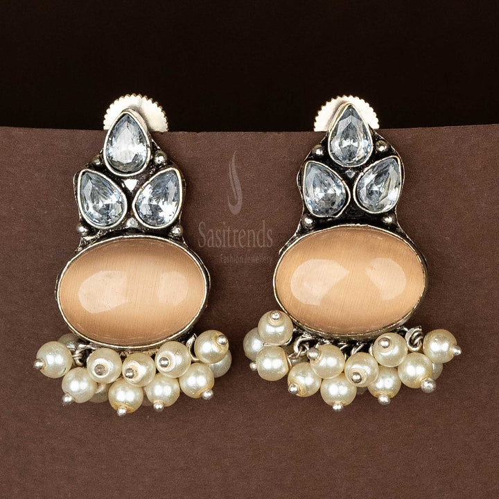 Party Wear Oxidised Light Peach Oval Monalisa Stone AD Stones Stud Pearl Earrings Sasitrends Online