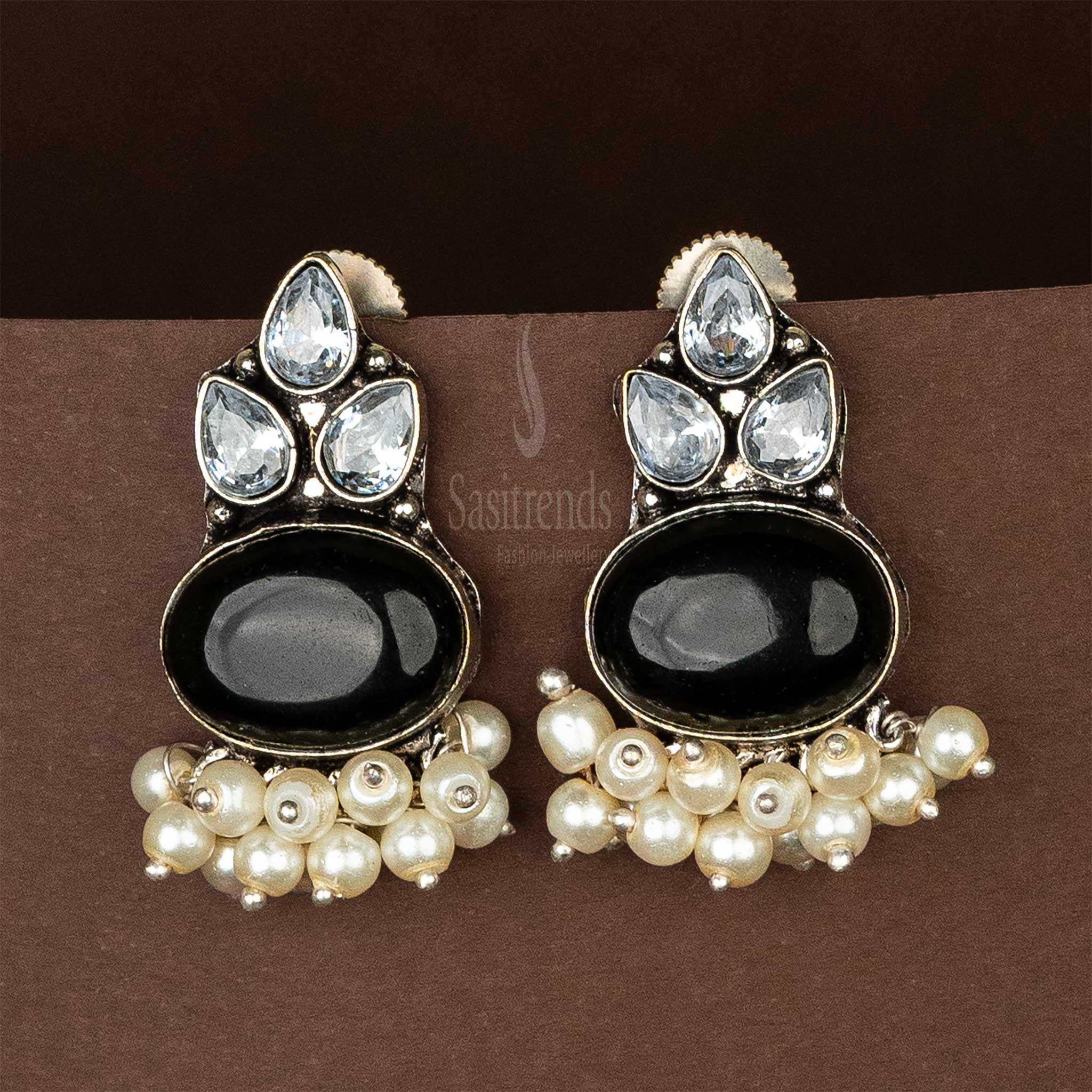 Trendy Oxidised Black Oval Monalisa Stone AD Stones Stud Pearl Earrings Sasitrends Online