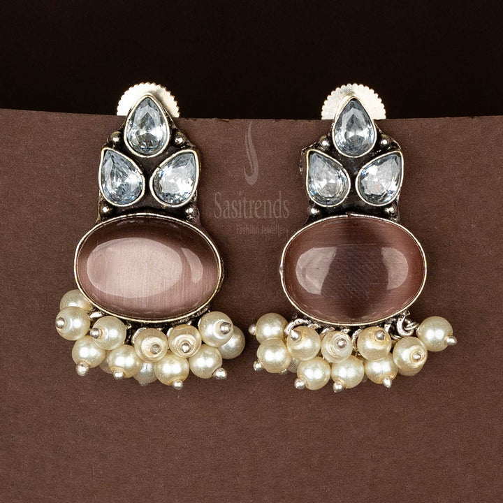 Office Wear Oxidised Light Brown Oval Monalisa Stone AD Stones Stud Pearl Earrings Sasitrends Online