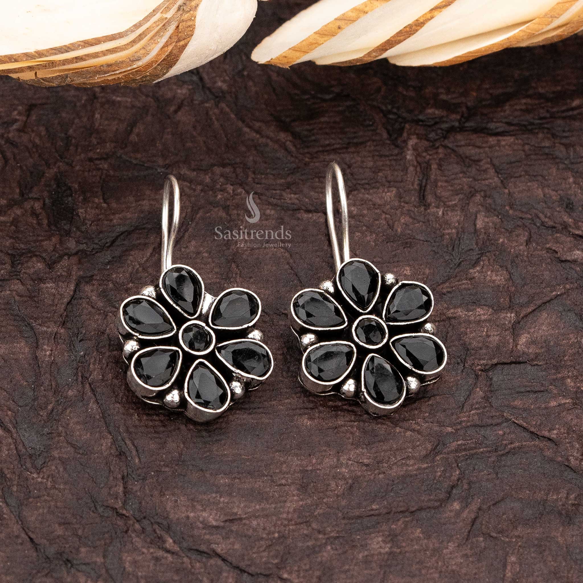 Casual wear ethnic oxidised silver fish hook earrings sasitrends