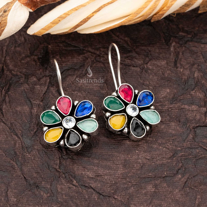 Casual wear ethnic oxidised silver multi ad stone stud fish hook earrings sasitrends