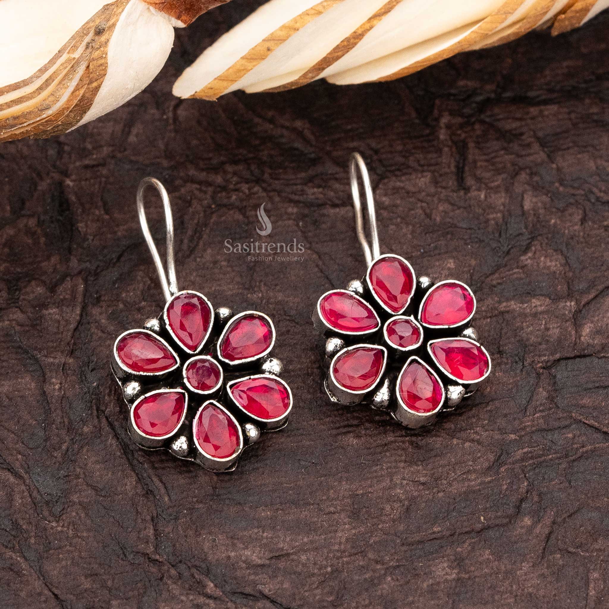 Elegant oxidised silver floral ruby stone stud fish hook earrings sasitrends