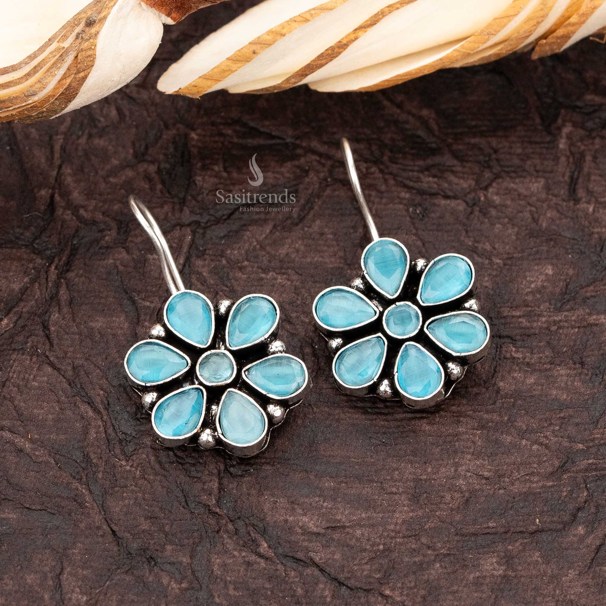 Office wear oxidised silver sky blue ad stone fish hook earrings sasitrends