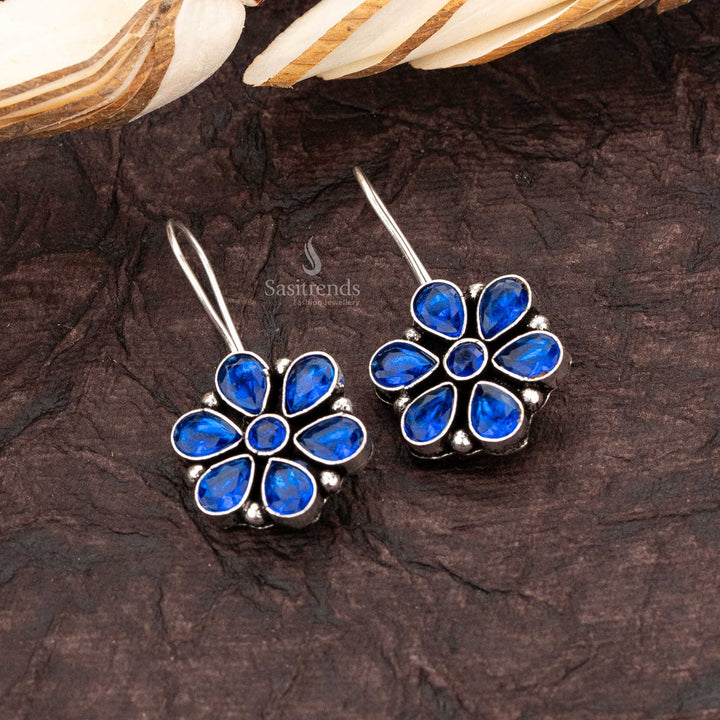 Trendy oxidised silver floral designer fish hook earrings sasitrends