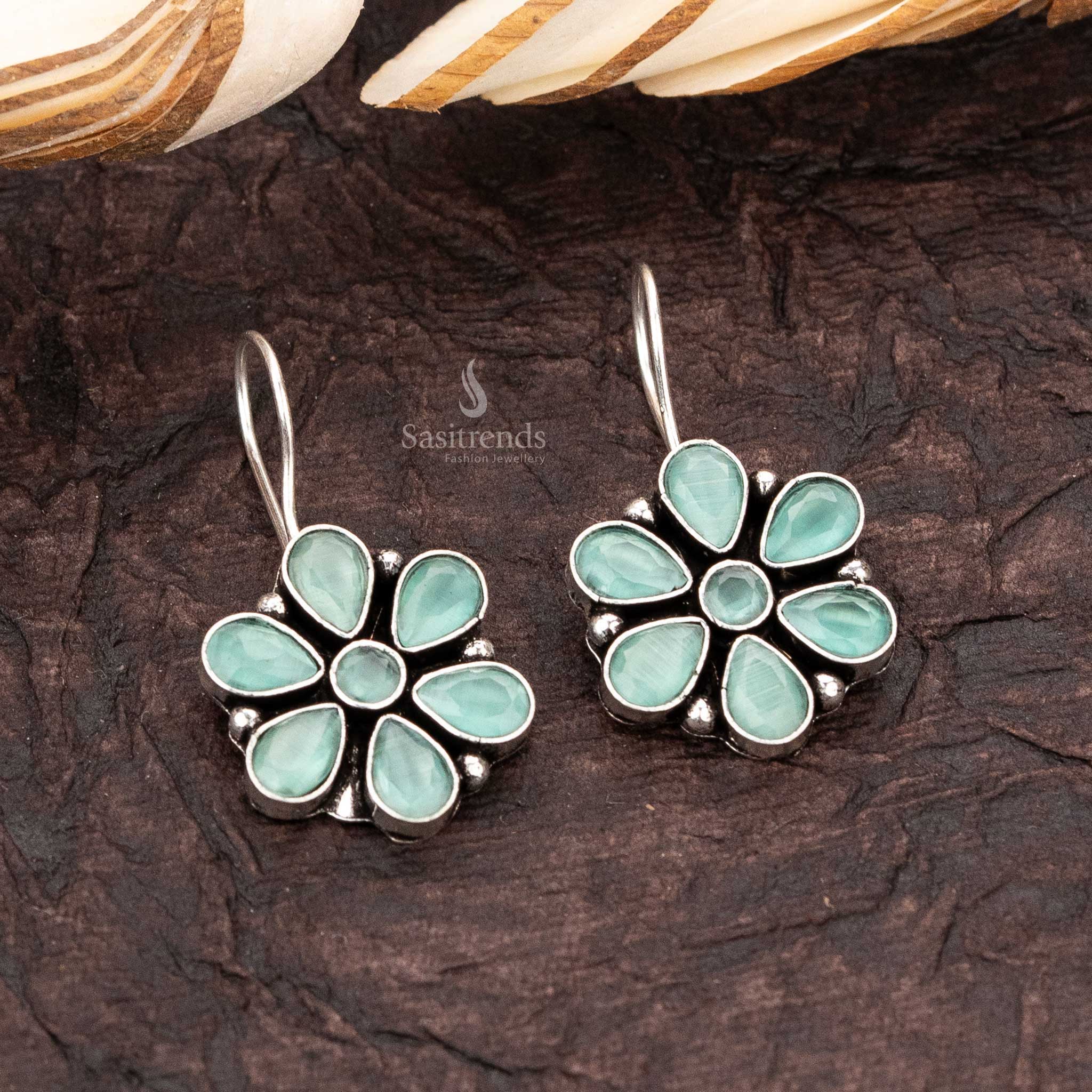 Trendy oxidised silver flower designer fish hook ad stone stud earrings