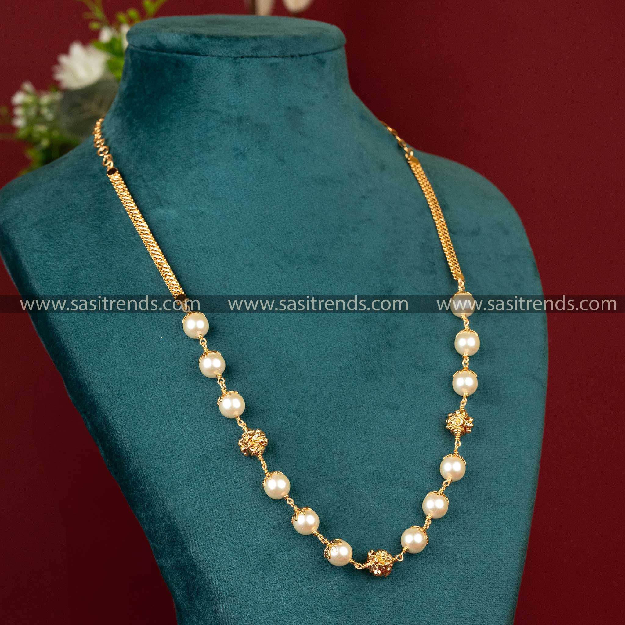 Traditional Micro Gold Plated Grand Pearl Necklace with Floral Golden ...