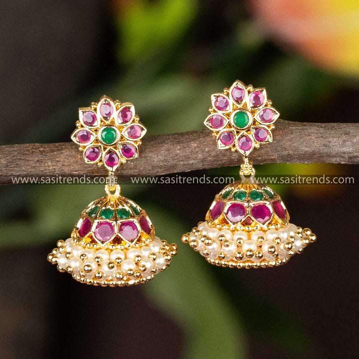 Ruby Green Jhumka Micro Gold One Gram Plated Earrings Sasitrends Online Shopping