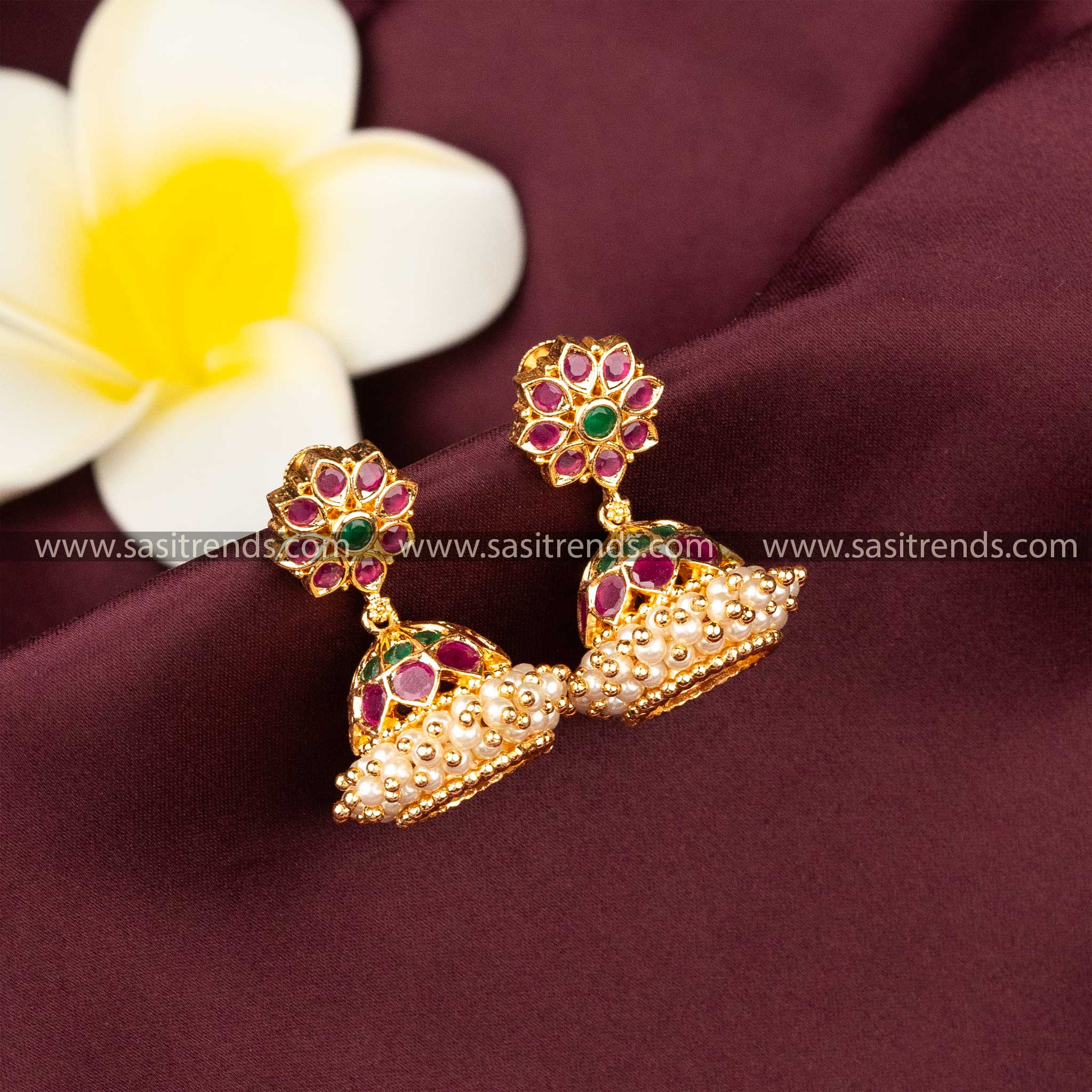 Temple Wear Guaranteed Micro Gold Plated Floral Designer Ruby Green AD Stone Earrings 