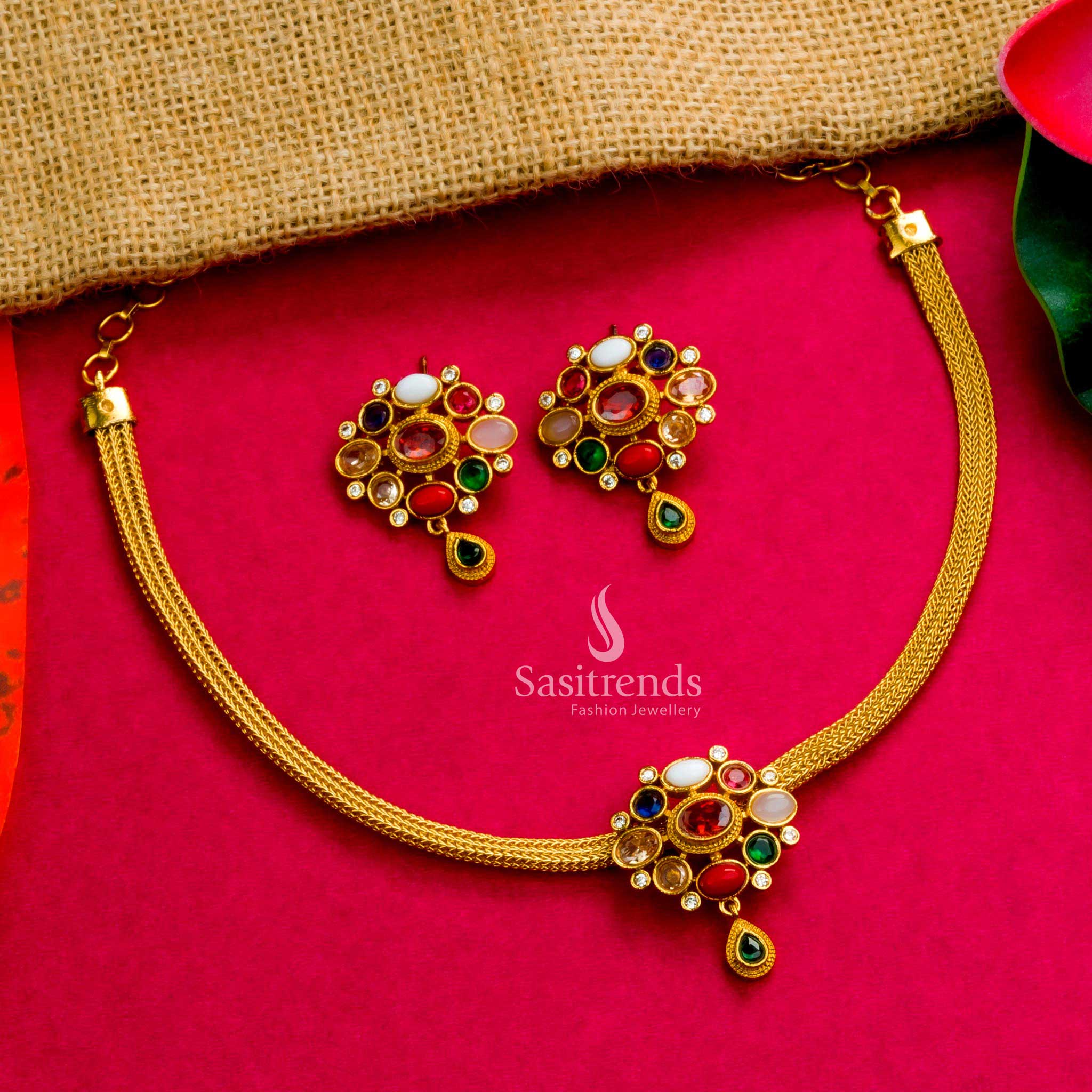 Traditional Matte Gold Navrathna Choker Set with Earrings - Festive Wear Jewelry Online - Sasitrends