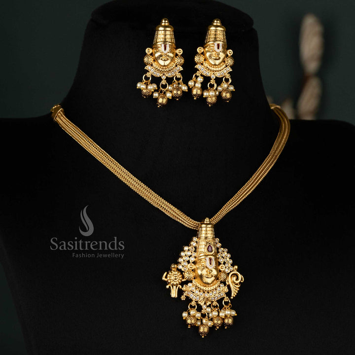 Wonderful Premium Temple Matte Gold-Plated Jewellery Set with Balaji Motif and Pearls- Sasitrends