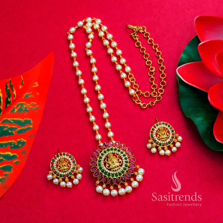 Divine Elegance: Traditional Matte Gold Plated Lakshmi Pendant Pearl Jewellery Set with AD Stones