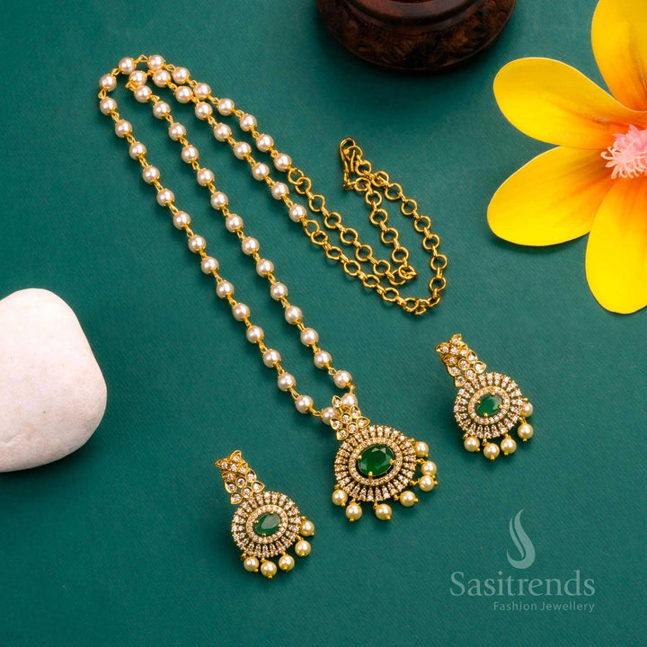 Matte Gold Plated Pendant Pearl Necklace Set with Green Stones - Elegant Design, American Diamond - Sasitrends