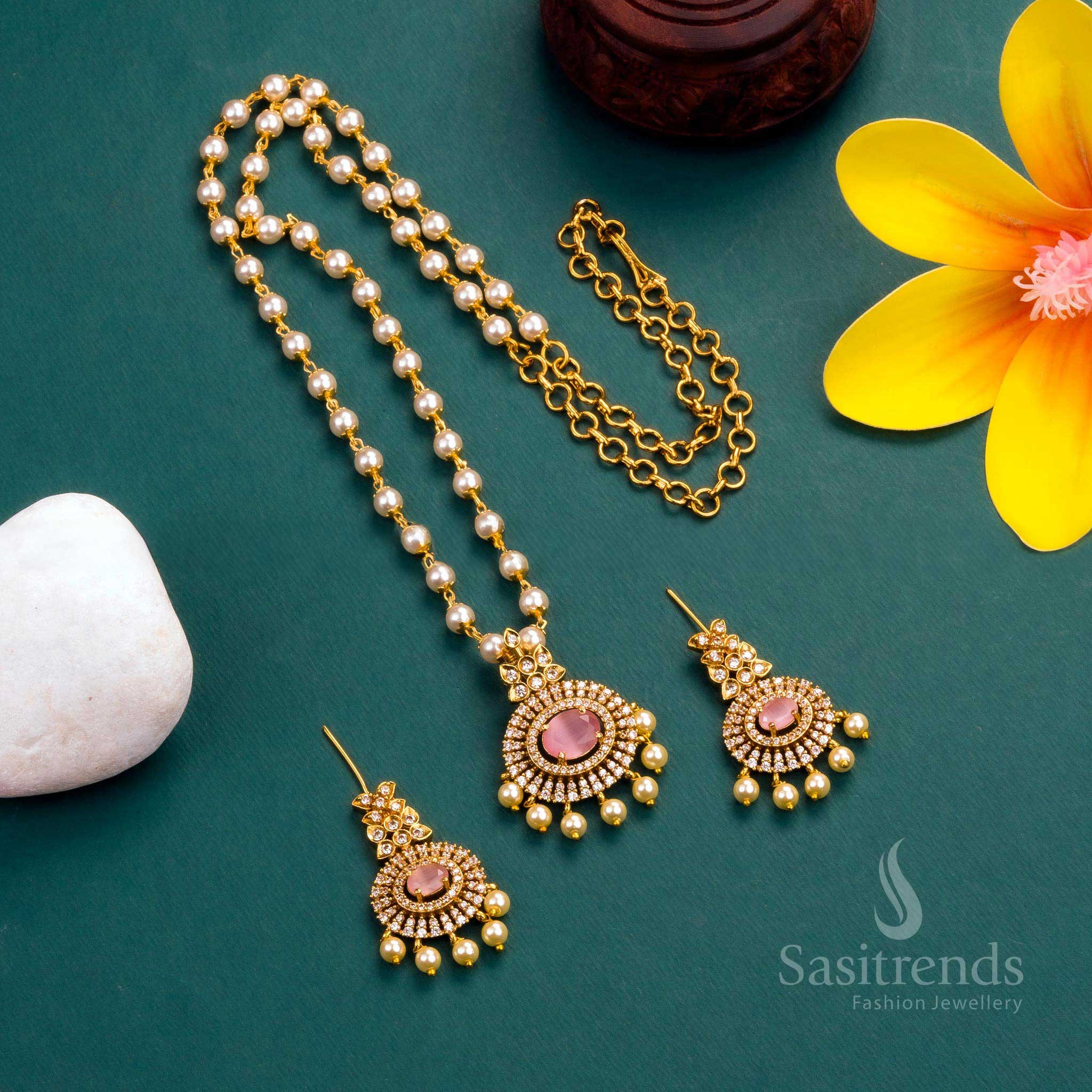 Matte Gold Plated Pendant Pearl Necklace Set with Pink Stones and Hanging Pearls - Latest Collection - Sasitrends