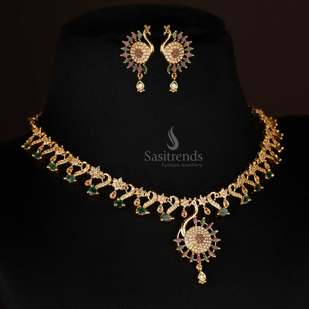 Vibrant multi-color peacock pendant and earrings set with American diamonds - Sasitrends