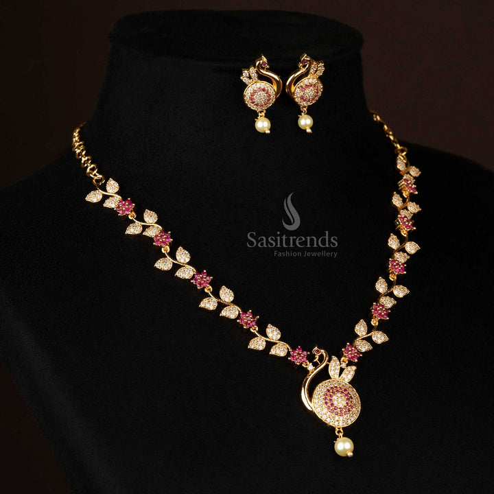 Elegant Micro Gold Plated Peacock Pendant Jewellery Set with Pearl Drop -Sasitrends