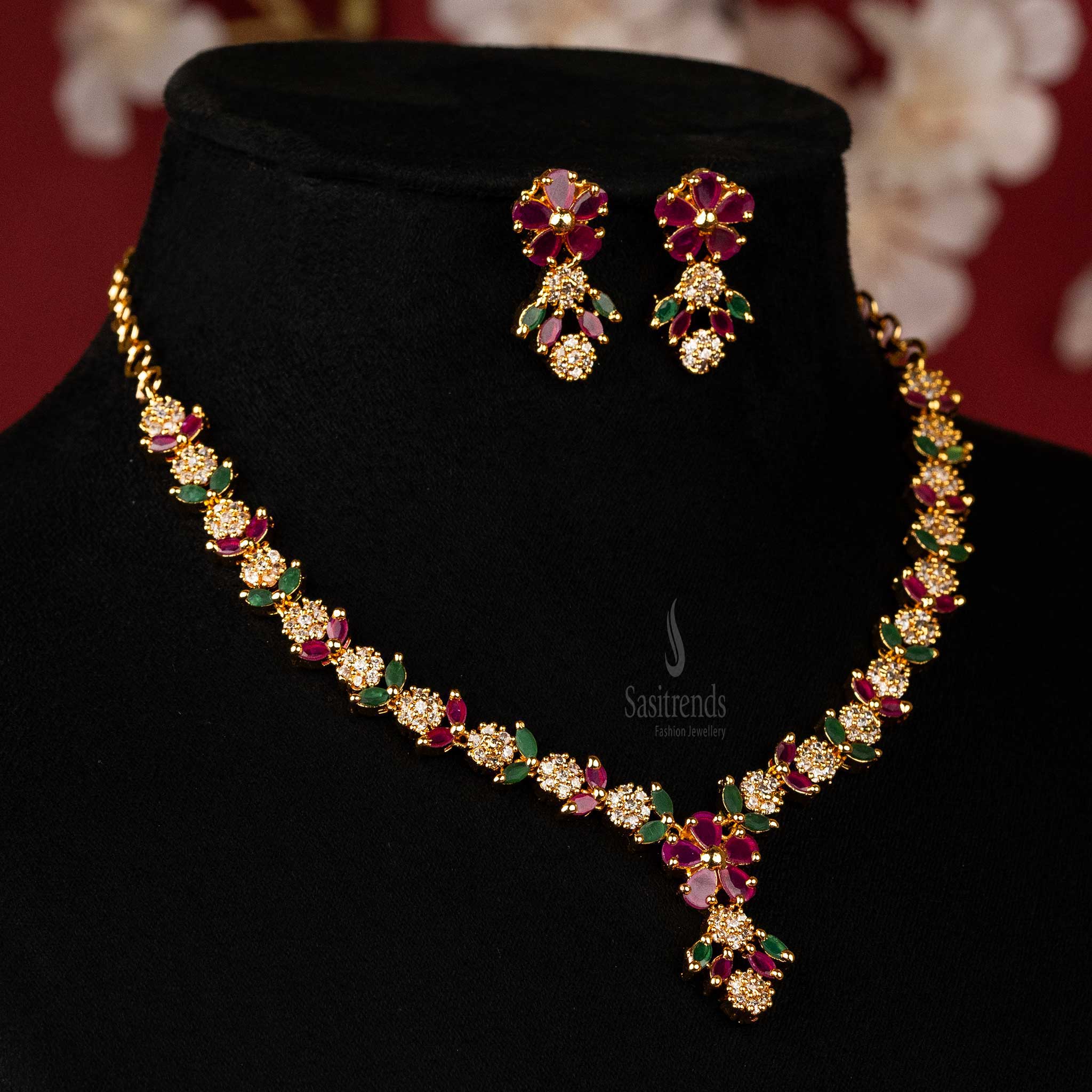 Guaranteed Micro Gold Plated Floral Designer American Diamond Jewellery Set Sasitrends 